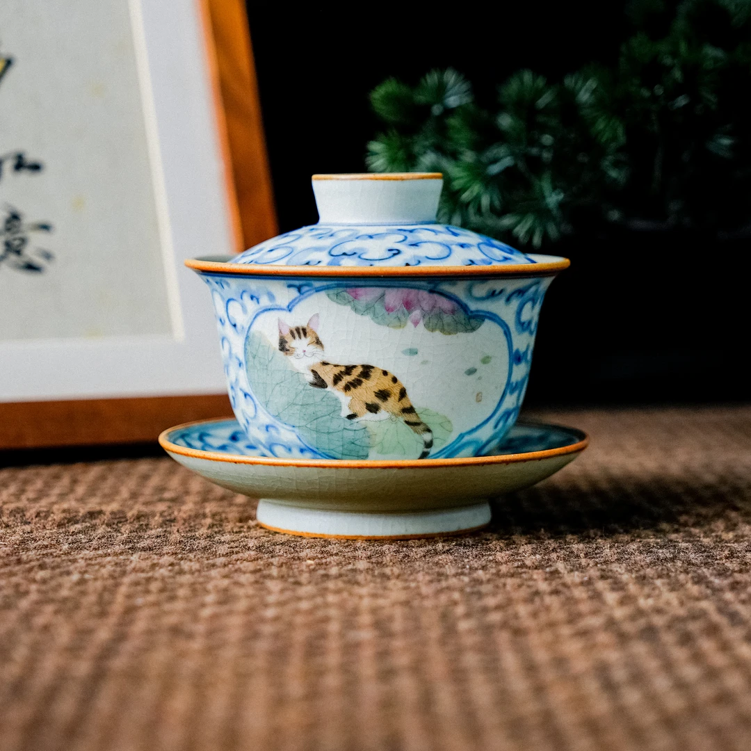 【朴云堂】祥云睡猫荷花三才盖碗(双面画)（朴碗0209）