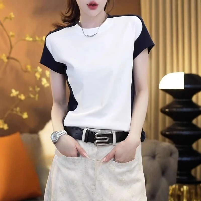 大码女装2025夏季胖mm遮肉显瘦休闲上衣别致拼色圆领时尚短袖T恤
