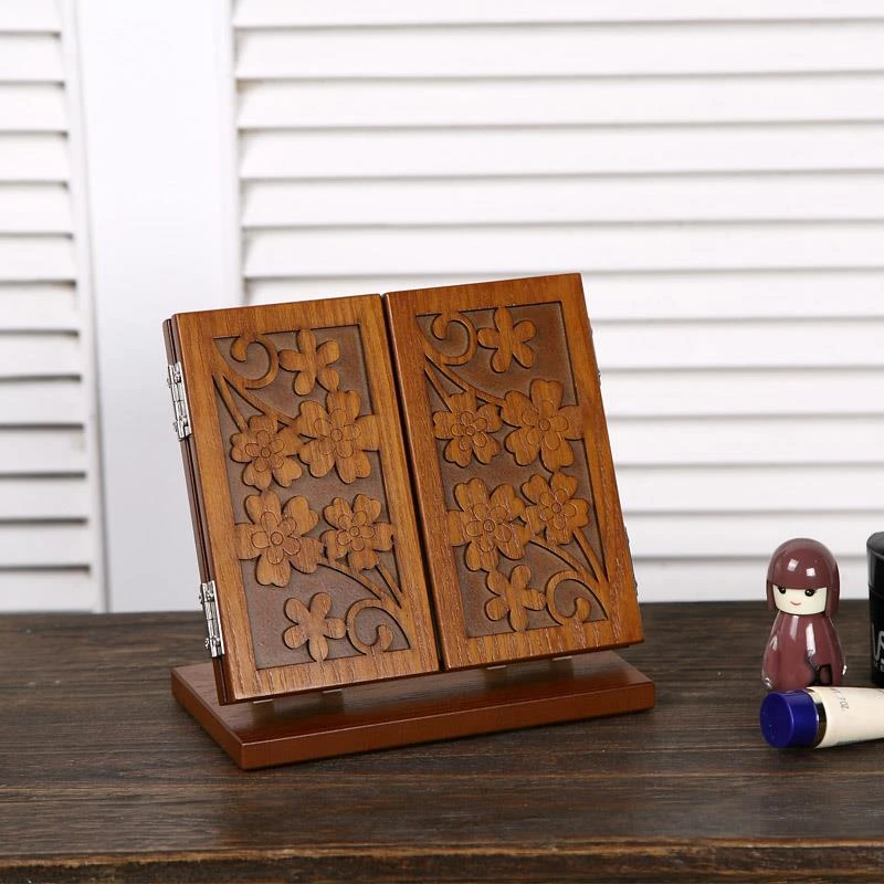 木质化妆镜台式 镜子高清梳妆镜子欧式可折叠宿舍桌面美容镜三面