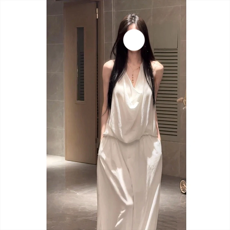 法式气质荡领露背无袖上衣阔腿裤两件套女夏季清冷松弛感穿搭套装