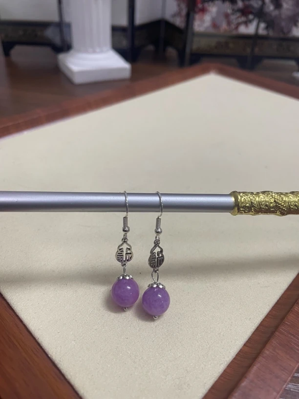 s925银镶嵌天然翡翠a货紫翡圆珠耳环 028