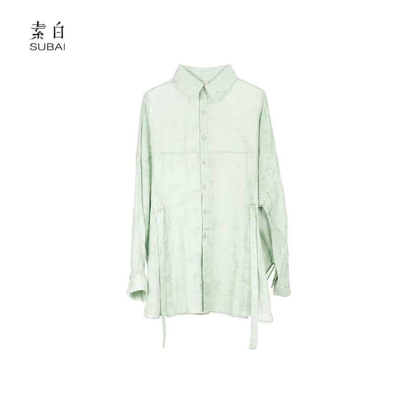 素白【松弛感】薄荷蔓波减龄清爽苎麻烧花防晒衬衫SB2501CP01060