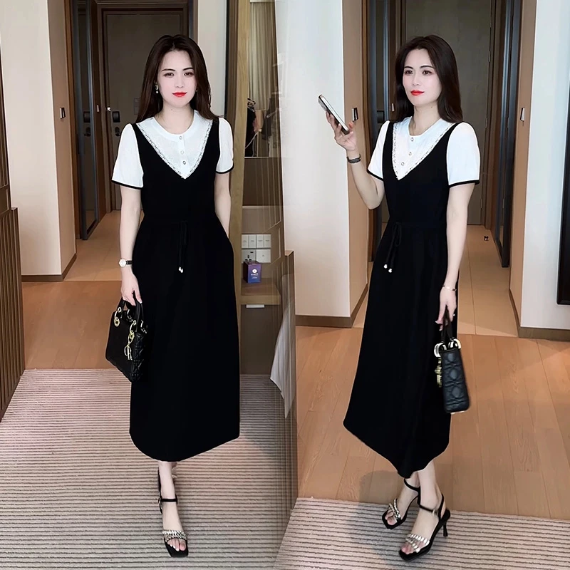 法式假两件收腰连衣裙女2025夏季新款气质减龄显瘦中长款a字裙子