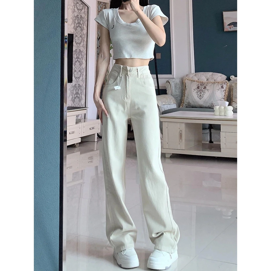 杏色宽松直筒牛仔裤女高腰显瘦夏季新款百搭质感窄版阔腿裤ins潮