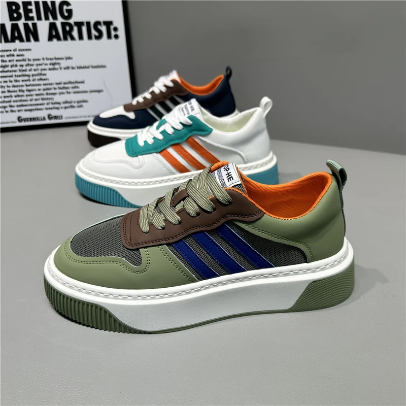 2025年夏季网布镂空透气韩版休闲板鞋男时尚百搭系带轻质厚底潮鞋