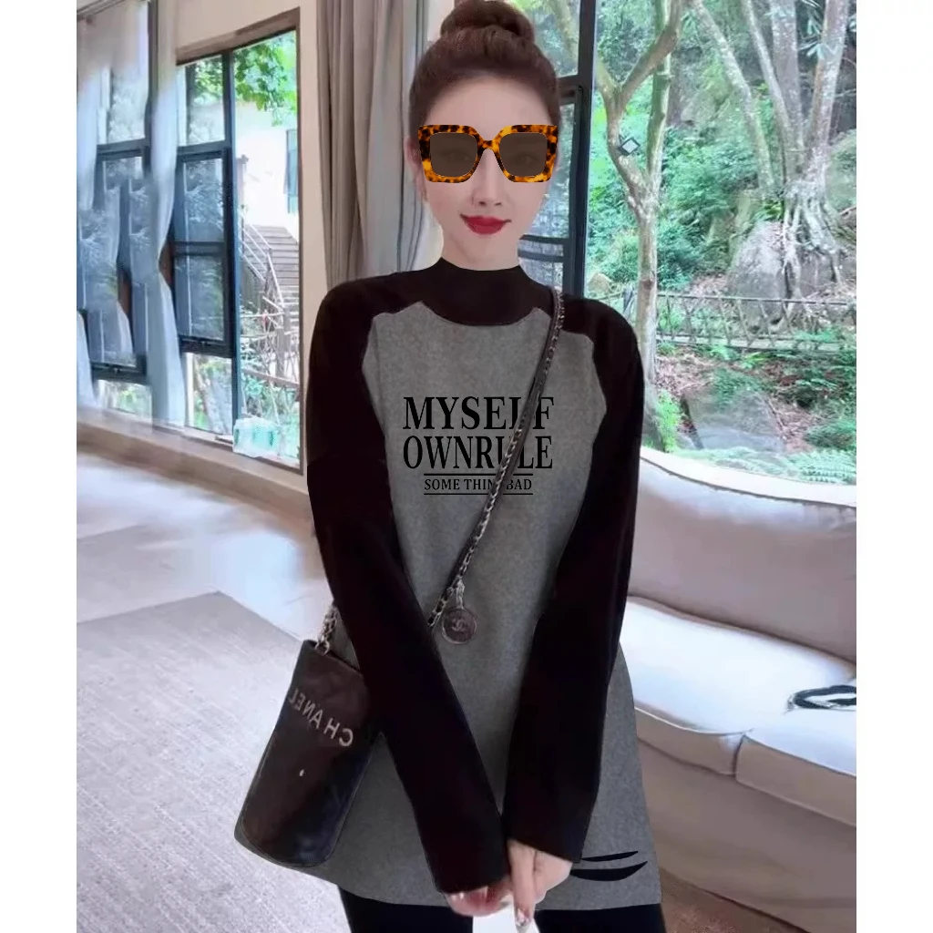 女长袖拼接t恤磨毛加厚打底衫半高领时尚圆领中长款秋冬宽松上衣