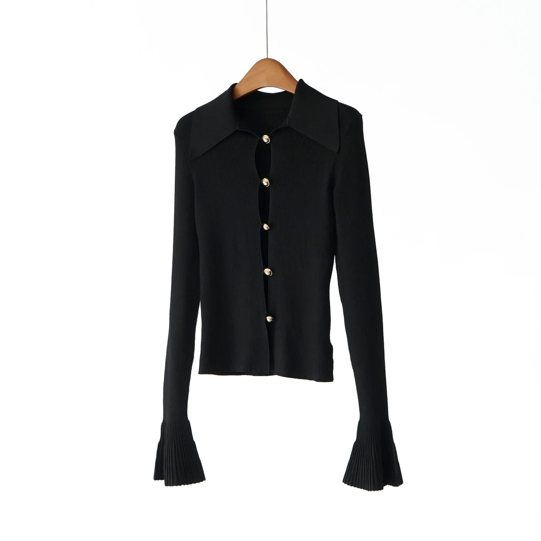 【YS12304】S*P 2026早春新款经典黑复古金色纽扣镂空针织毛衫女