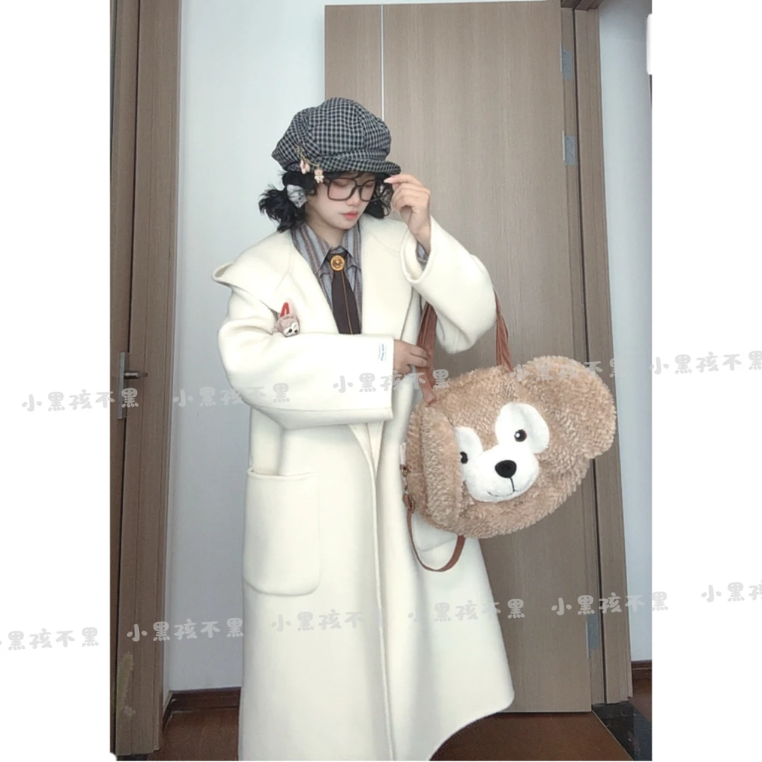 伊迪卡双面羊毛大衣连帽中长款韩系慵懒百搭显瘦女装