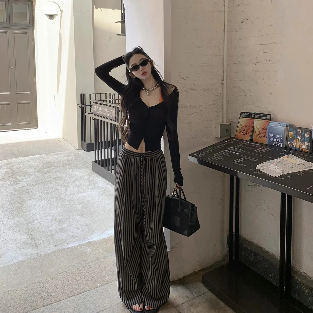 FBB limit慵懒透气混纺条纹裤女宽松阔腿百搭休闲裤长裤D252261G
