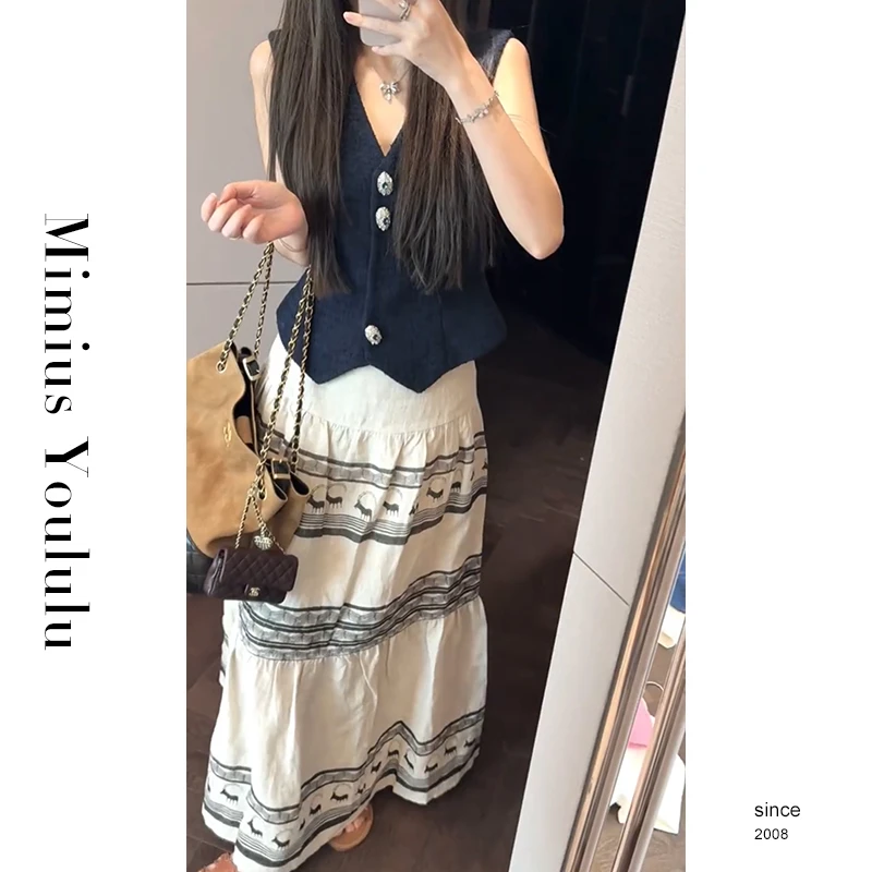 【mimius】七 高智感重工V领单排扣马甲+图腾印花半裙（正腰）G07048