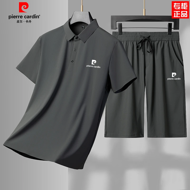 皮尔卡丹桑蚕丝短袖T恤短裤男士2025夏季冰丝透气百搭休闲套装潮