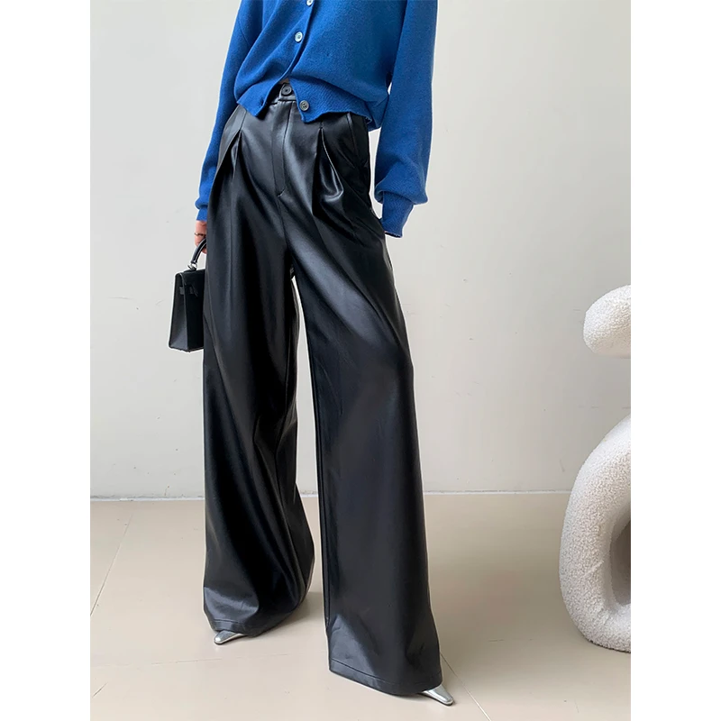 JWUNIQUE酒窝黑色PU皮裤休闲阔腿裤女2025秋季高腰显瘦直筒长裤子