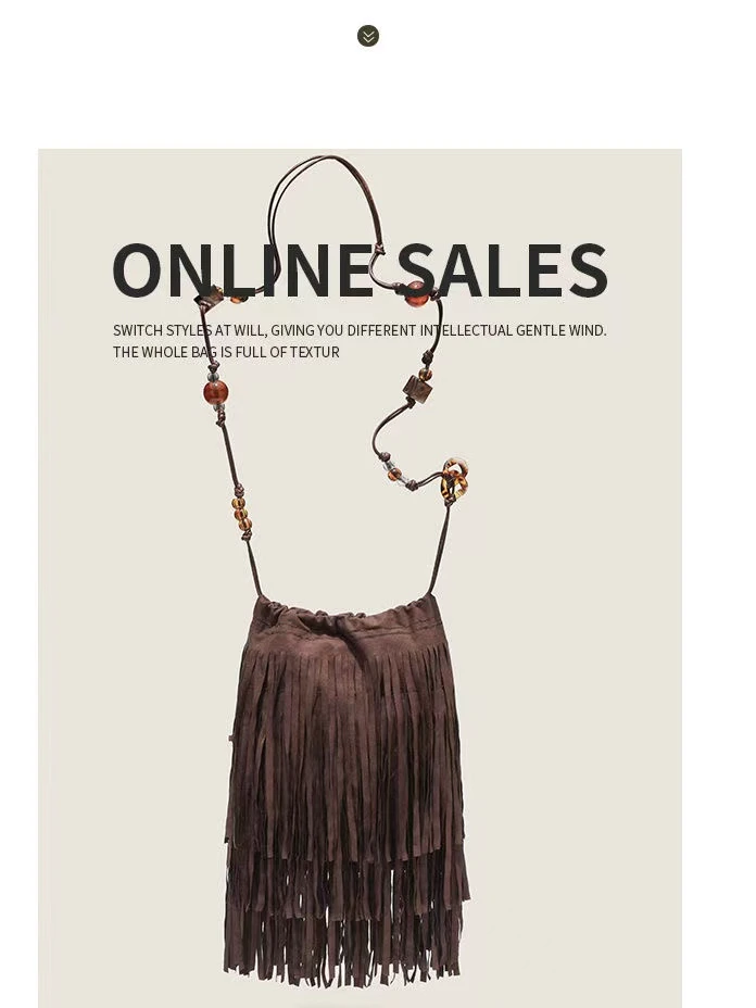 春夏新款复古抽绳女包陆仙人同款流苏串珠配饰原创设计斜挎单肩包