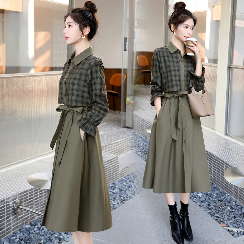 格子衬衫连衣裙女2025春装新款时尚高级感气质女神范假两件套裙子