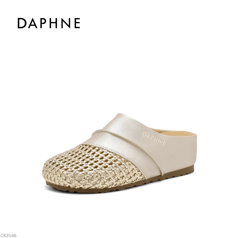 达芙妮时尚半拖鞋女2025新款夏季复古编织包头透气平底软底凉拖鞋