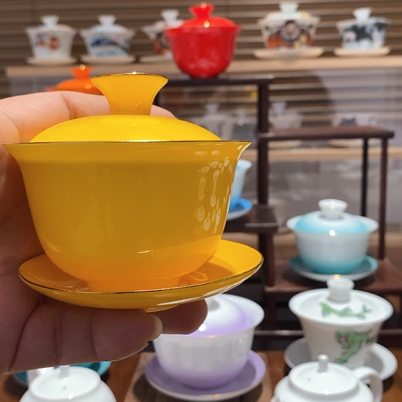 【闪购商品】淮**雪黄色骨瓷盖碗福利价