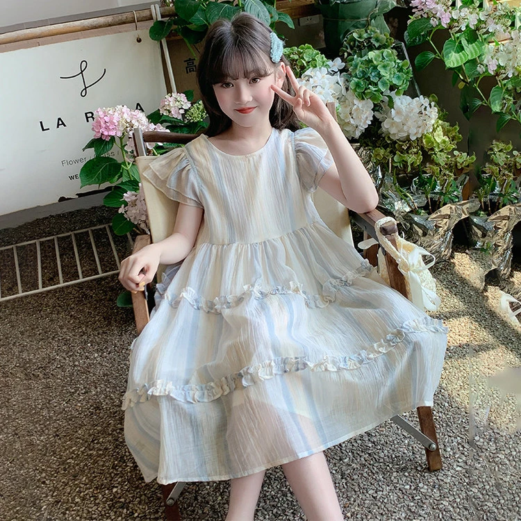 尚品琳25417女童连衣裙夏装新款儿童夏季飞袖裙子女孩花边公主裙