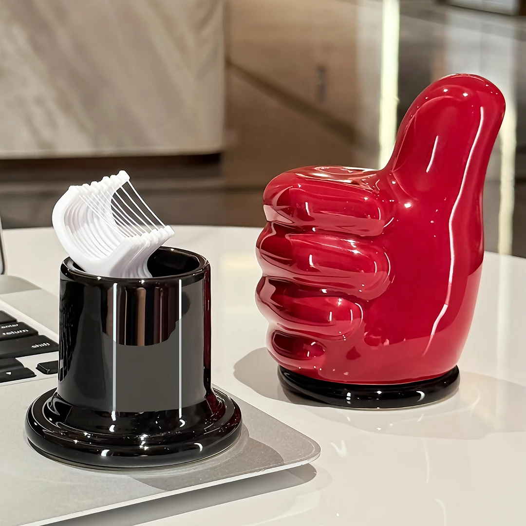 大拇指陶瓷牙签盒轻奢高颜值棉签盒牙线收纳盒家用高级摆件牙签筒