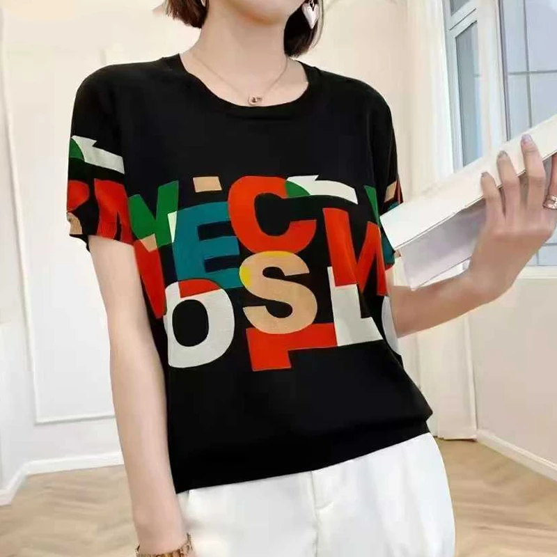 高级感莱赛尔提花字母针织衫拼色圆领夏季宽松小衫减龄短袖上衣女