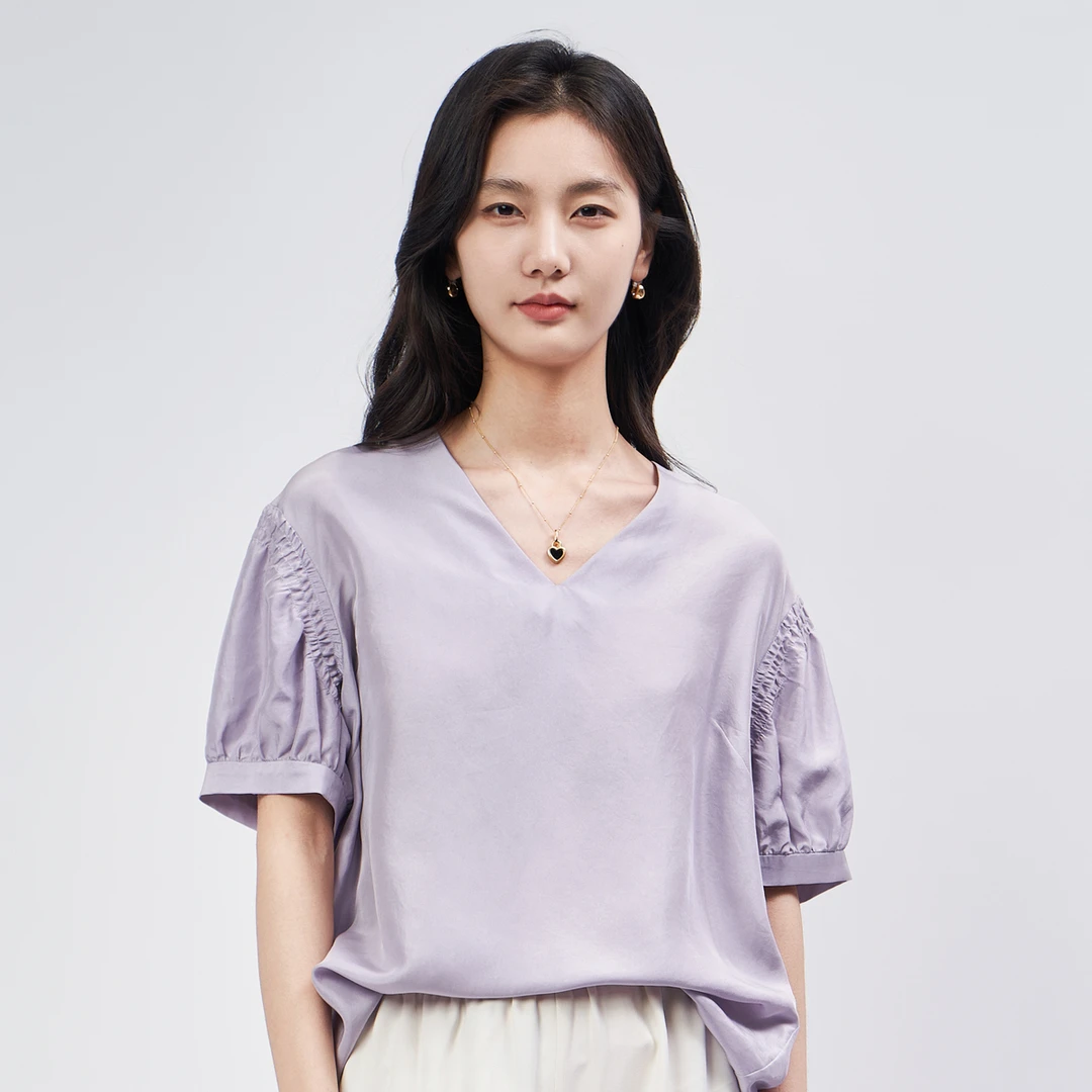 春竹夏季薄款真丝小衫女桑蚕丝v领宽松短袖T恤纯色显瘦气质衬衫