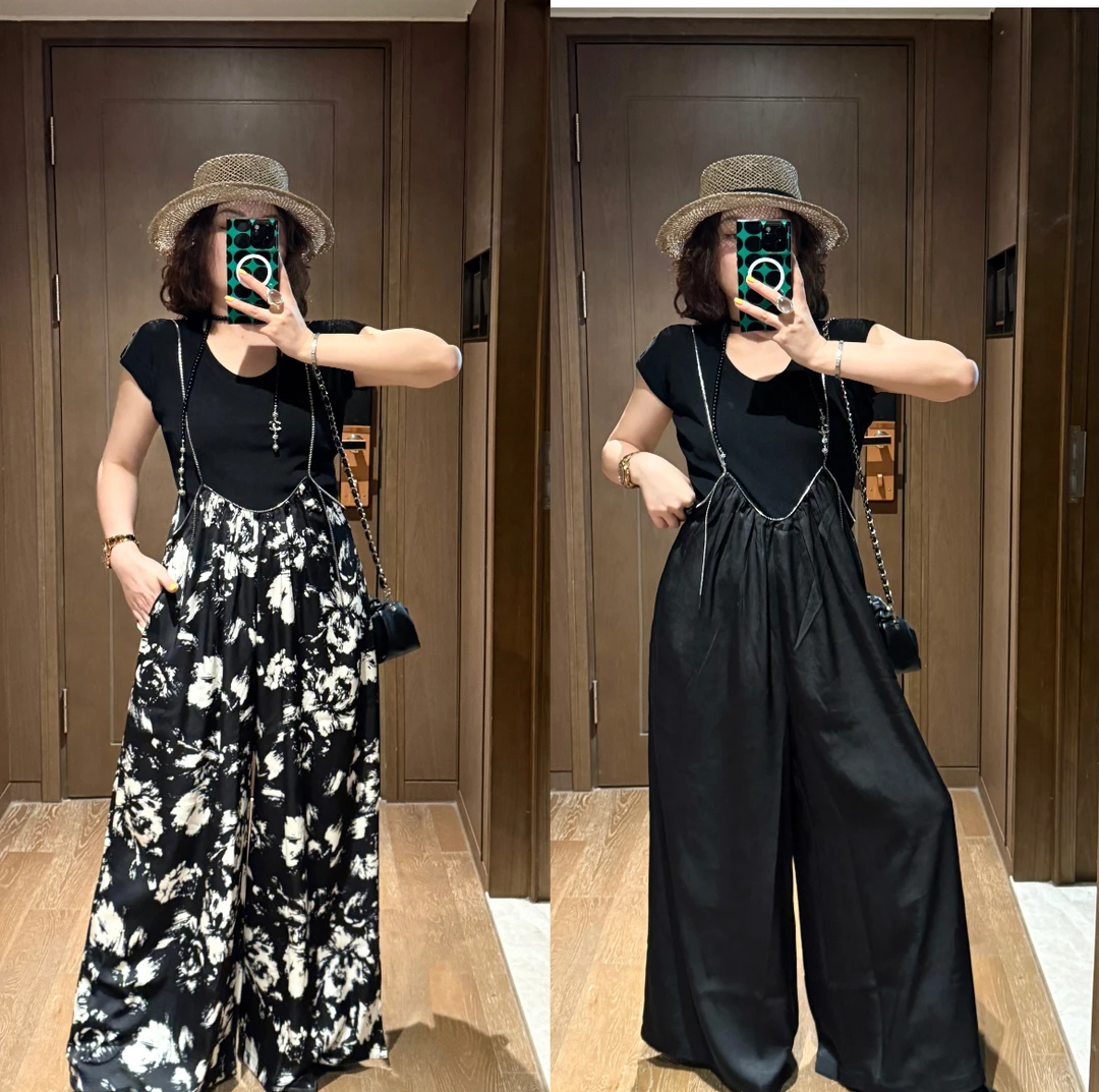 YDFSTUDIO小众【赫本星迹】欧货高品设计师款冰丝内搭+背带裤套装