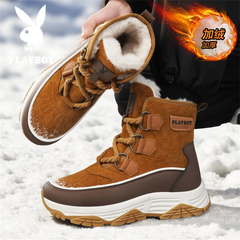 花花公子雪地靴男2025新款冬季加绒加厚大棉鞋厚底增高保暖棉靴男