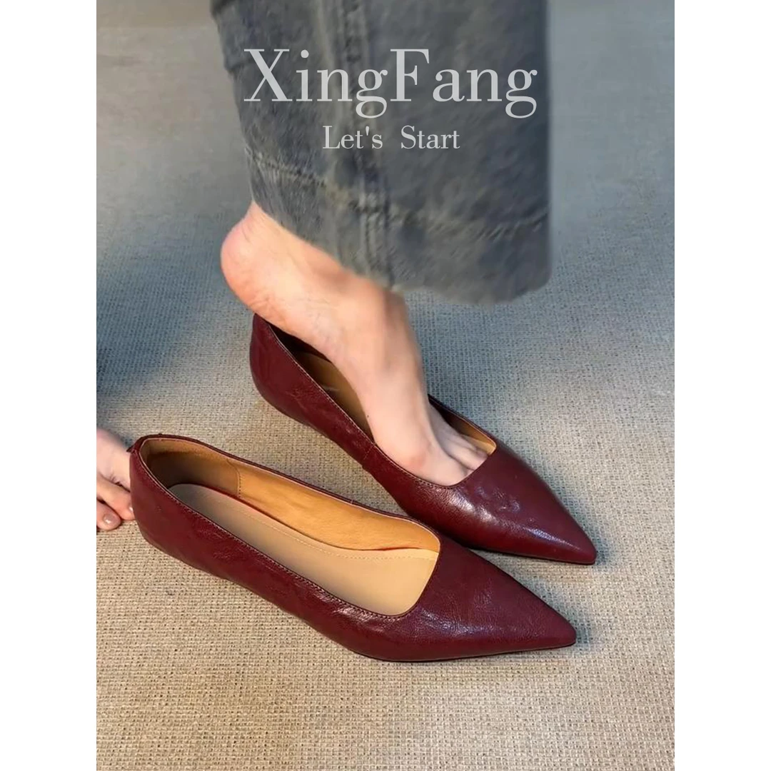 牛皮版~法式尖头气质红色单鞋女2025新款真皮浅口低跟职业工作鞋