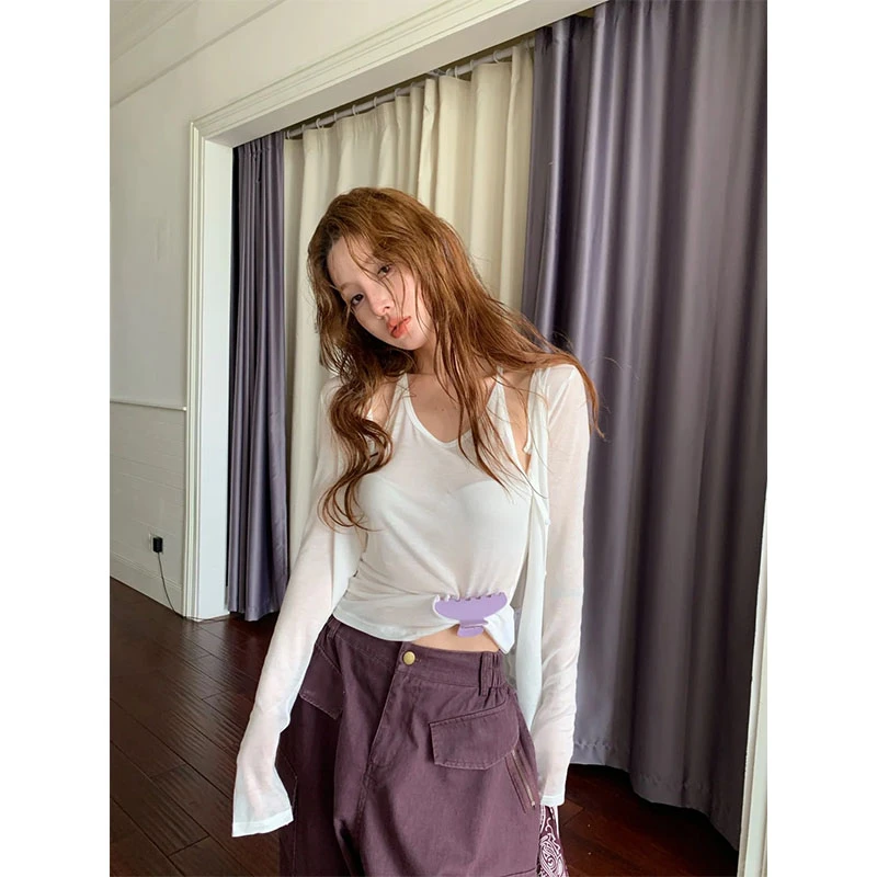 新款穿搭薄款防晒罩衫白色吊带内搭性感修身复古高腰工装裤两件套