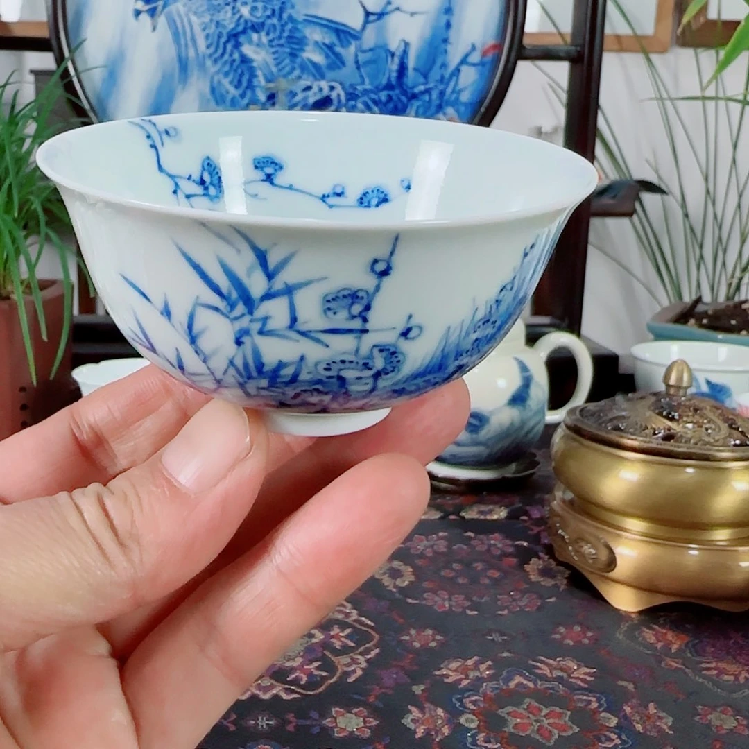 杯子陶瓷青花三友图