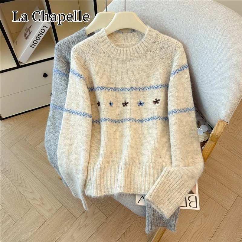 拉夏贝尔韩系复古花朵刺绣圆领套头毛衣秋冬新款慵懒风针织上衣