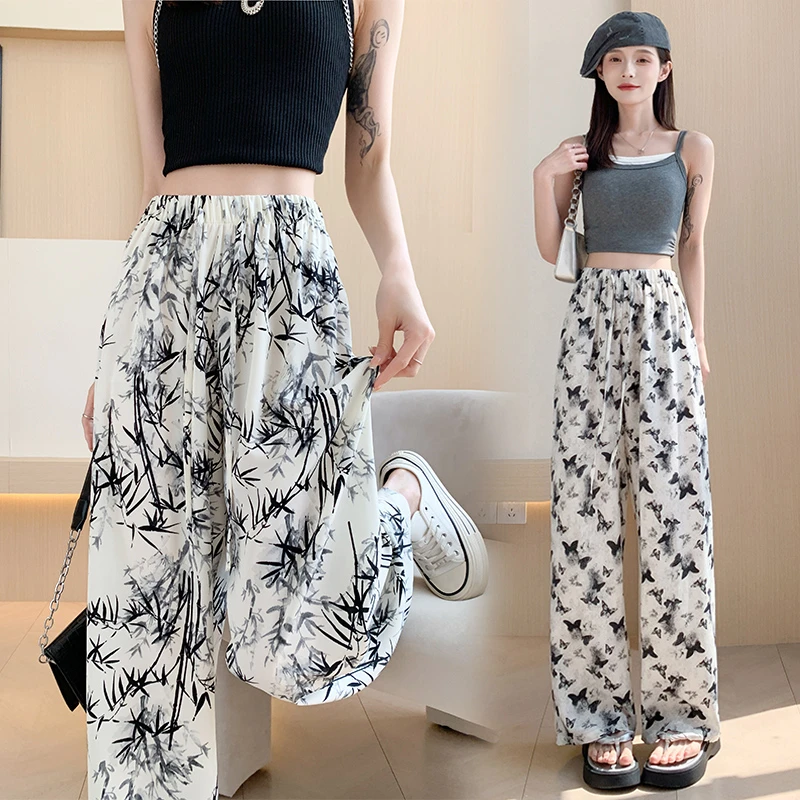 实拍松紧高腰水墨画宽松休闲裤女2025夏季薄款垂感直筒阔腿裤