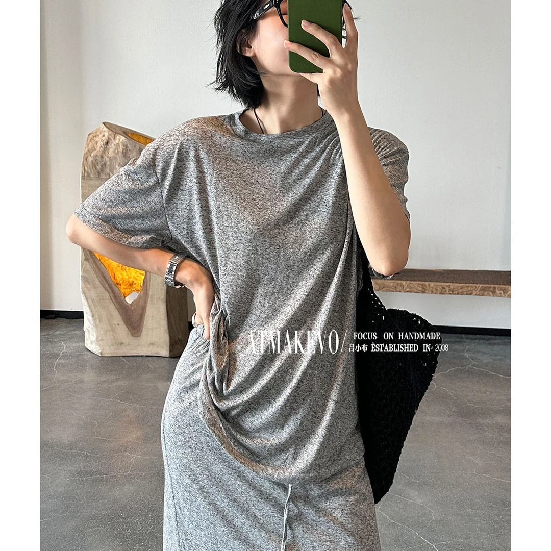 吕小布 | 极简慵懒风  亚麻混纺软糯松弛芝麻点宽松圆领T恤女0529