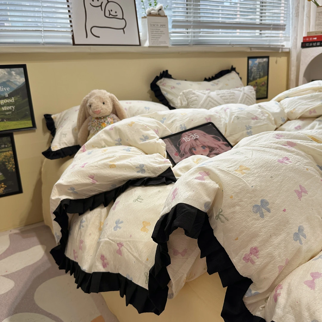 网红床上四件套水洗新款床单床笠黑花边被套学生宿舍床品三件套