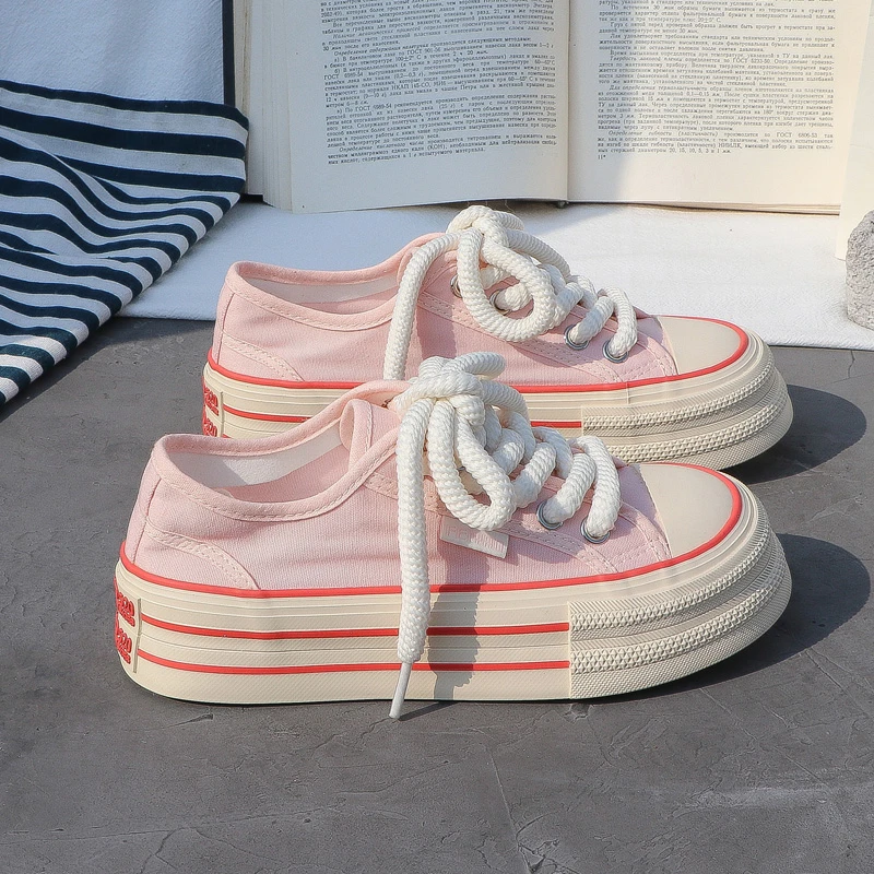 粉色2025春夏季新款厚底帆布鞋女透气圆头百搭休闲ins潮板鞋子女