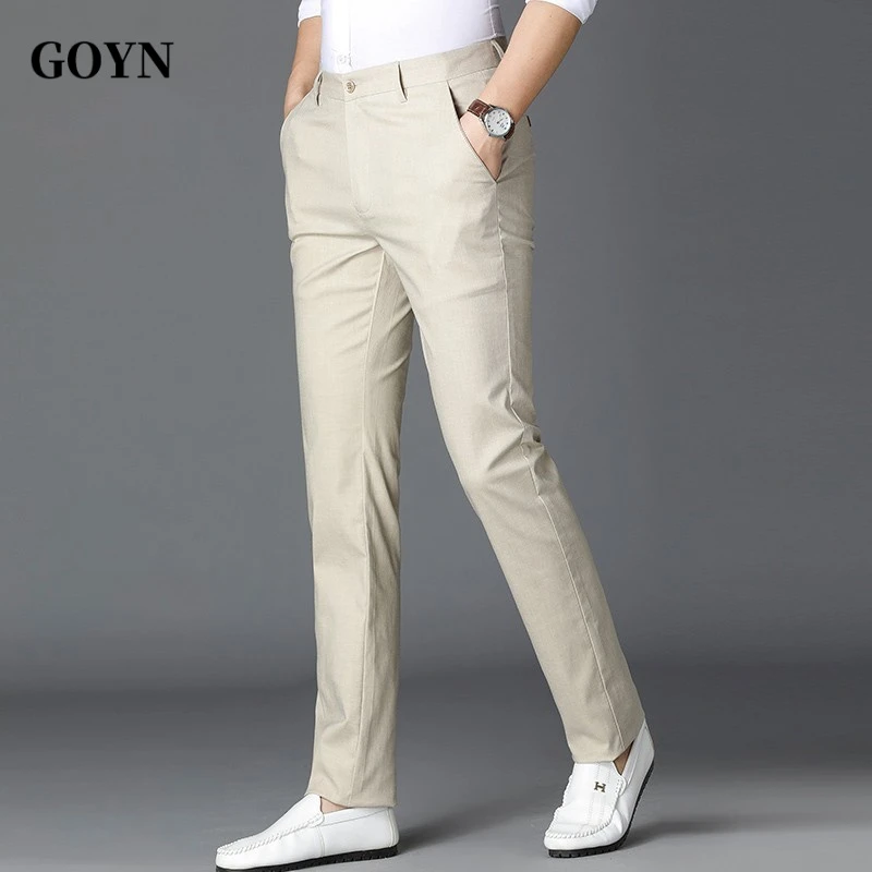 GOYN新款夏季百搭潮流纯色男装修身直筒时尚轻奢男士透气休闲西裤