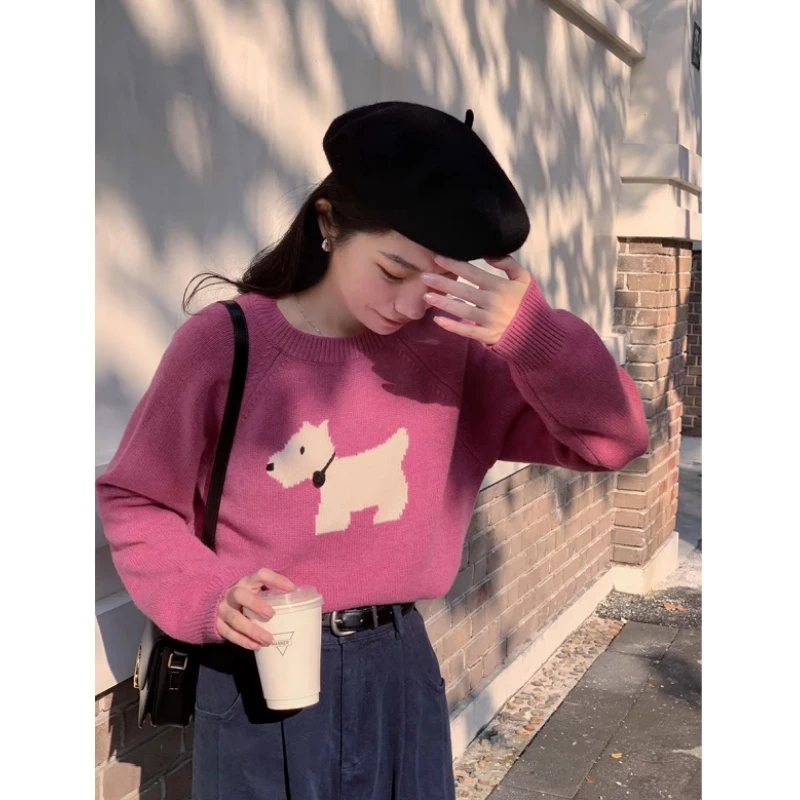 【树莓粉小狗】百搭气质加厚贵宾狗圆领长袖针织毛衣女