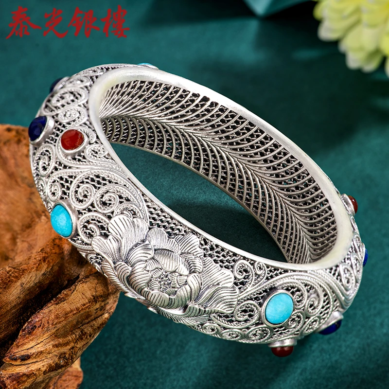 泰光银楼 足银手镯 皇牡镯宫廷花丝国色天香镂空奢华镯子