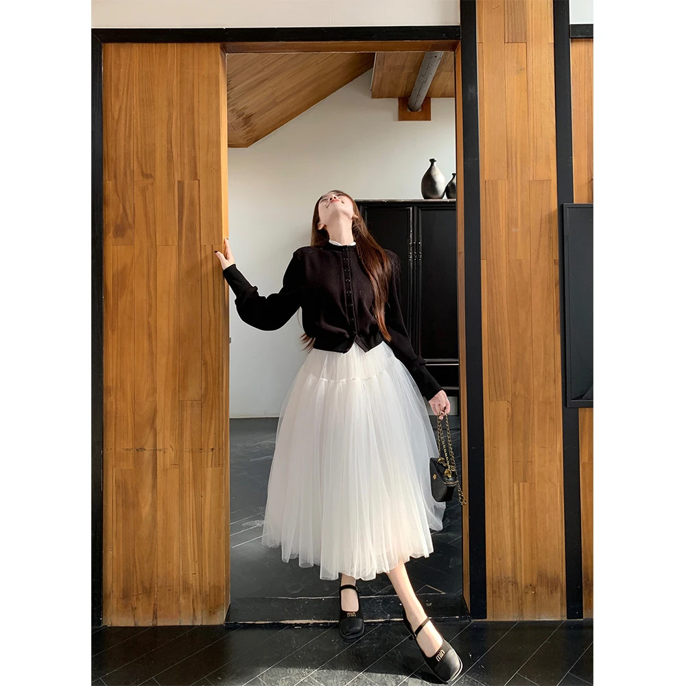 假两件拼接设计感加绒开衫卫衣外套女+芭蕾蓬蓬网纱半裙两件套