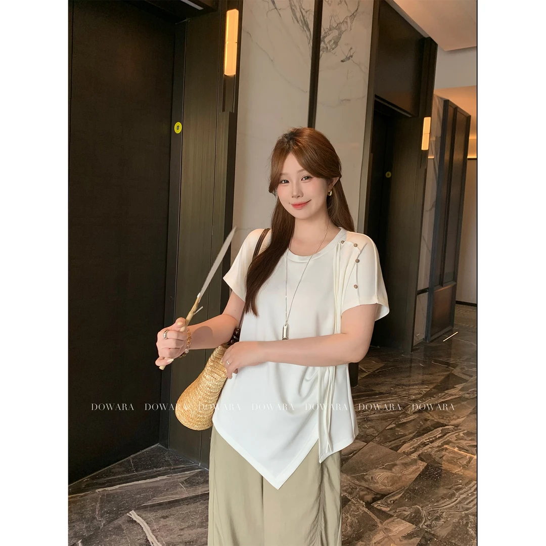 现货9695D大婉酱微胖定制蝴蝶结绑带设计感T恤女夏季新款宽松上衣