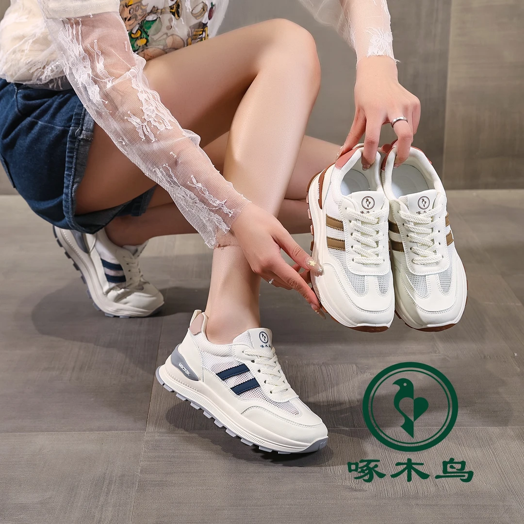 啄木鸟女鞋单网透气镂空网面夏季2025新款百搭厚底薄款运动鞋