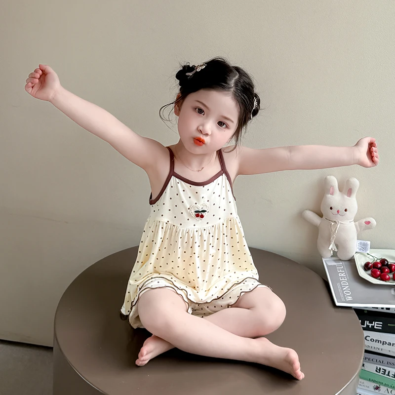 吊带莫代尔夏季薄款背心短裤套装冰丝女孩夏天薄款女童睡衣儿童女