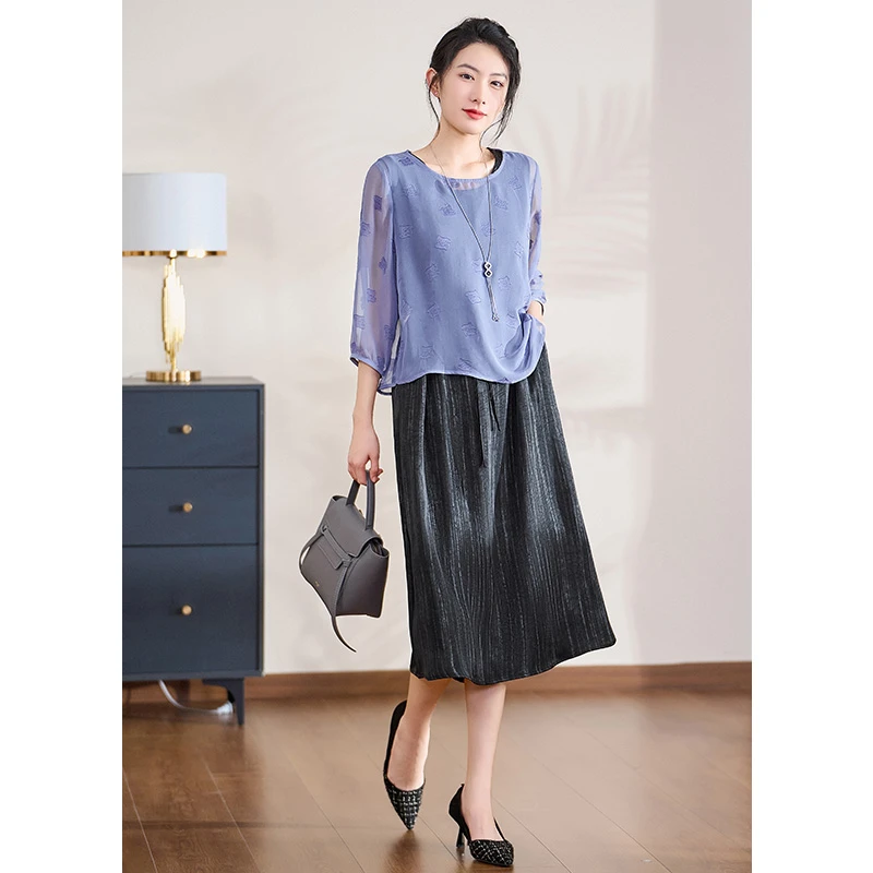 【真两件】迪欧芙2025圆领轻奢端庄时尚女新款春季连衣裙#CTZ17766