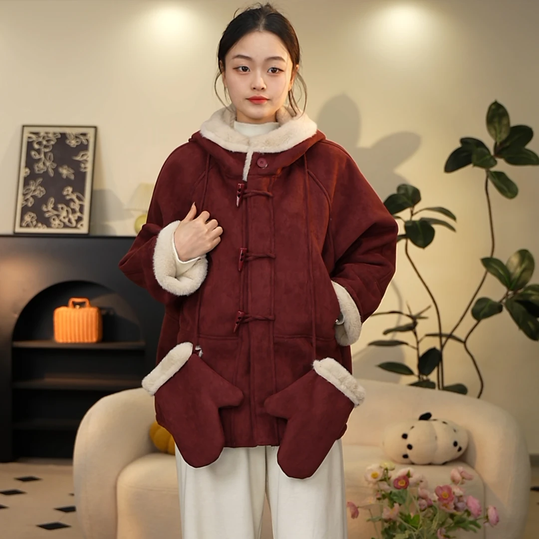 【涵妈推荐】女童冬季红色新年外套洋气中大童加厚连帽皮毛一体大衣