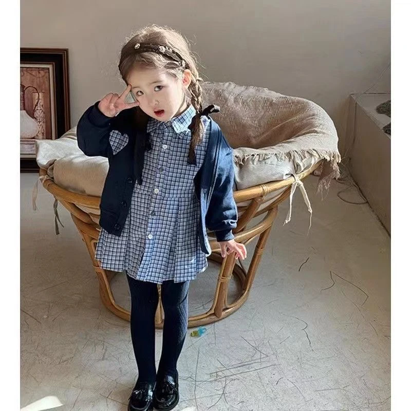 韩版女童套装2025新款学院风开衫格子连衣裙两件套儿童洋气连衣裙