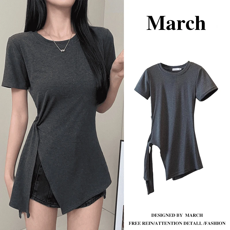 大码设计感不规则v领短袖T恤女2025夏季新款胖mm正肩收腰上衣5352