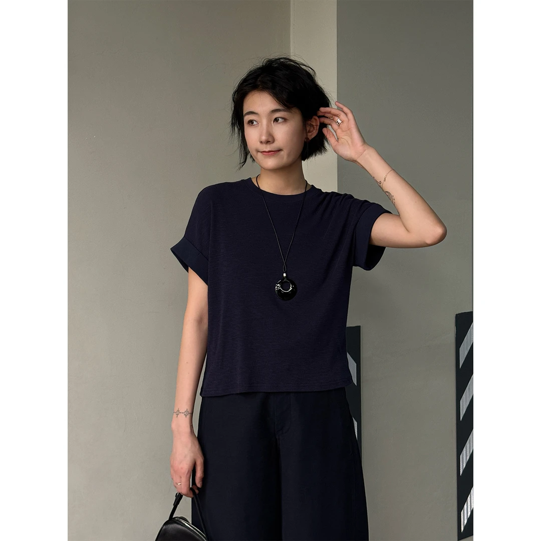 LANGQING 藏青色夏季宽松简约休闲百搭舒适圆领T恤44696#