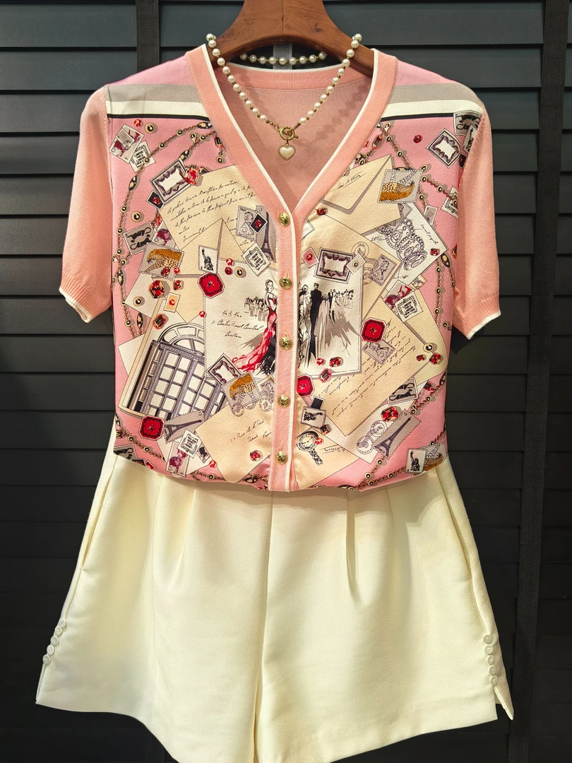 【都市佳人】2025春夏SS 25108桑蚕丝拼接v领短袖开衫