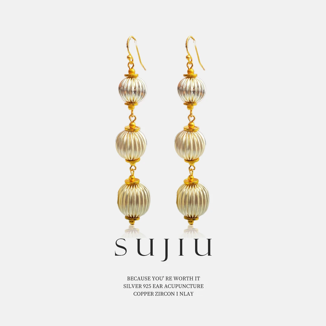 铜合金耳饰 SUJIU 925银针【灯笼高挂】长款手工耳钉耳环耳坠7050