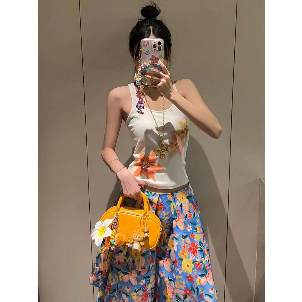 复古休闲多彩百合印花工字罗纹吊带背心女夏季修身显瘦高级感上衣