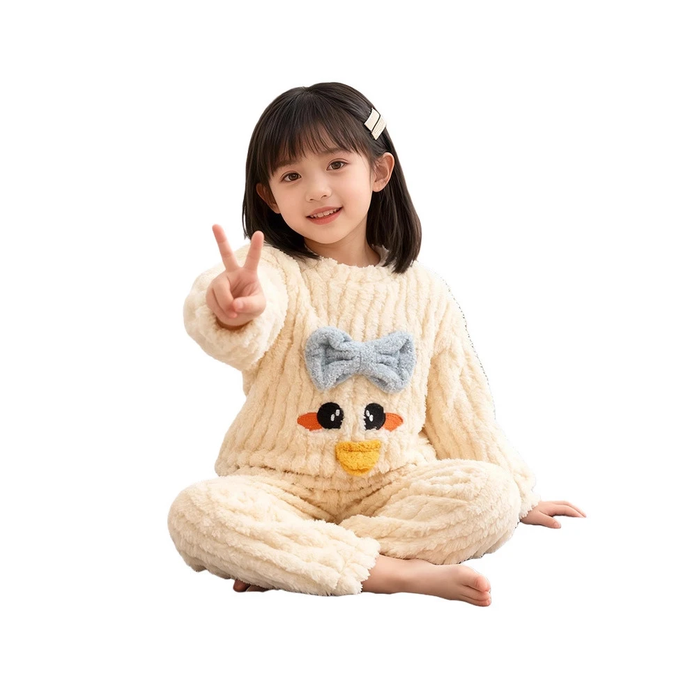 女童睡衣秋冬款新款儿童法兰绒家居服加绒加厚珊瑚绒套装A类保暖，